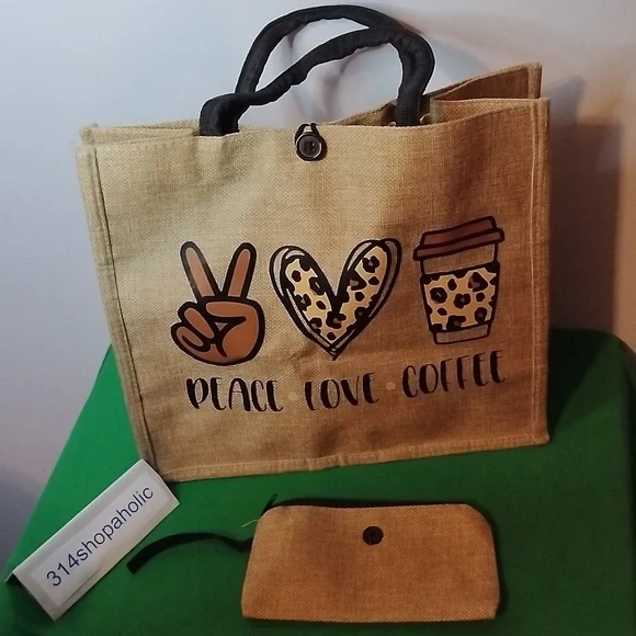 "Peace, Love, Coffee" Tote Bag With Coin Purse - Picture 5 of 6